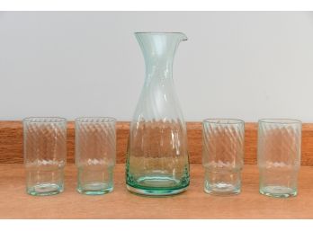 Green Glass Pitcher With Four Matching Glasses By Anthropolgie