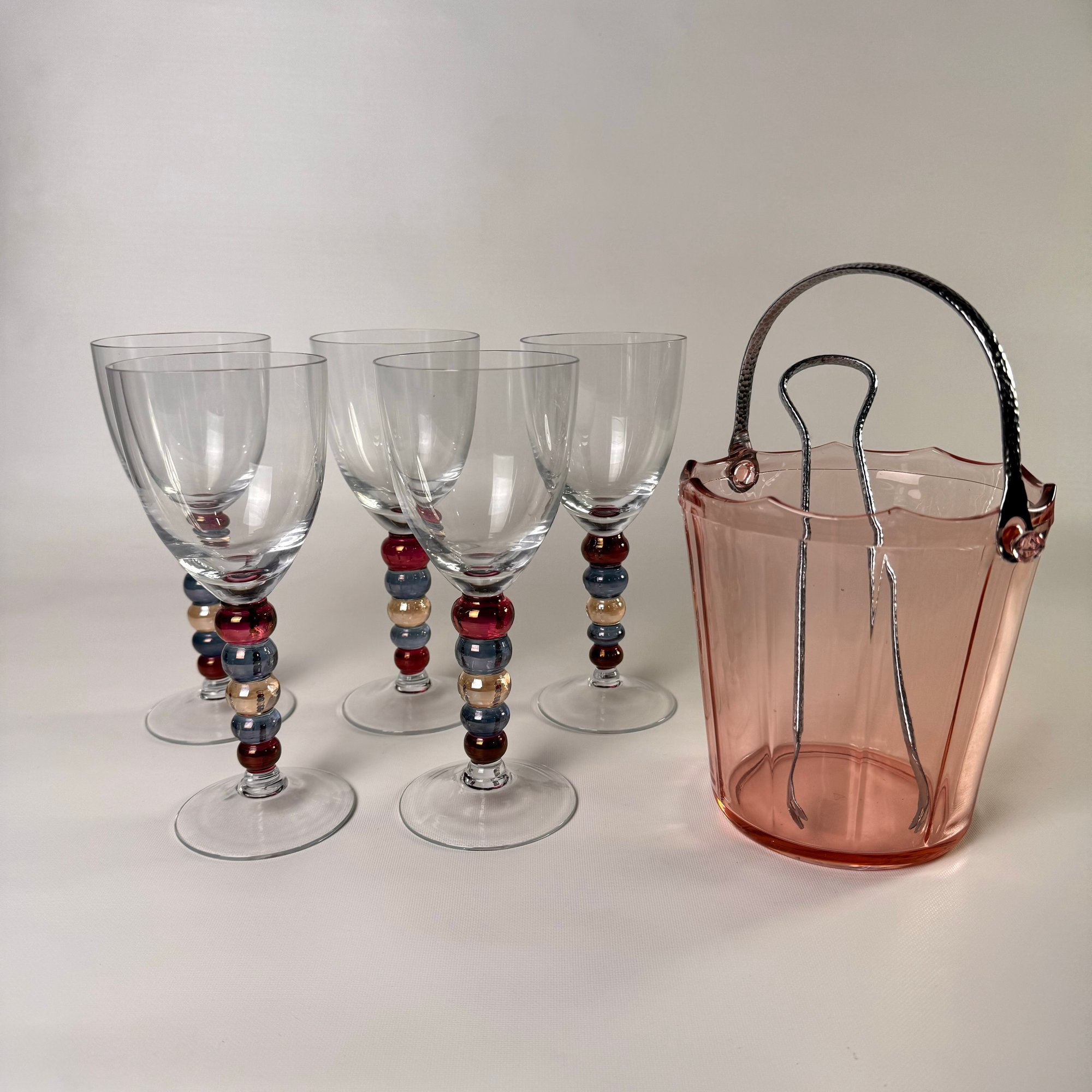 Set Of 5 Vintage Colored Ball Stem Wine Glasses And Vintage Pink Ice Bucket  With Tongs #61 #14832 | Auctionninja.com