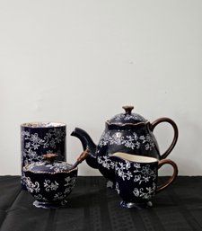 New Temp-Tations Floral Lace Pattern Blue Ceramic Tea Set #132