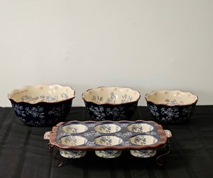New Temp-Tations Floral Lace Pattern Blue Ceramic Set And Muffin Or Cupcake Pan #133