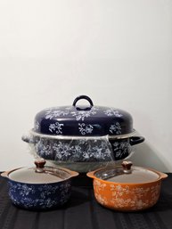 New Temp-Tations By Tara Enamel Cookware With Lids Set Floral Lace Pattern #136
