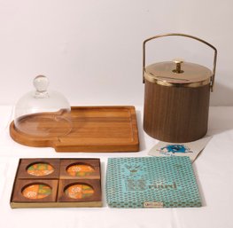 Mid Century Dansk Teak Wood Cheese Board With A Glass Dome, Ice Bucket And Coaster Set #154