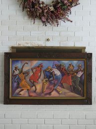 Original Oil On Board Vibrant Mid-Century Haitian Folk Art Painting Signed By Bernard Wah  48' X 28.5' #43