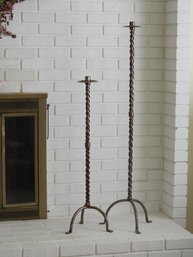 Vintage Tall Hand-Forged Iron Pricket Candlesticks With Sculptural Tripod Bases #46