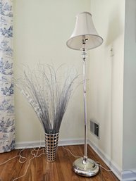 Silver Metal Floor Lamp With Silk Shade And Silver Vase With Decorative Flowers #249