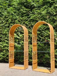 Mid-Century Boho Arched Natural Wicker And Glass Etageres Set Of Two - Great Condition 79'H X 32'W X 16'D  #62