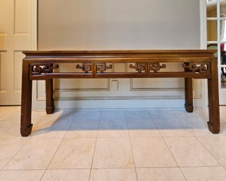 Antique Early 20th Century Chinese Carved Teak Wood Console Table With Three Drawers #64