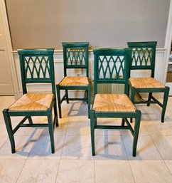 Green Painted Rush Seat Chairs Set Of Four With Cushions - Great Condition #66