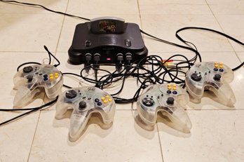 Nintendo 64 Console With Four Controllers And One Game - Tested For Power It Turns On When Plugged In #228