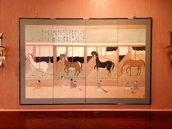 Vintage Japanese 4 Panel Hand Painted Horses With Signed Calligraphy Divider Screen- Wall Art  35 X 54 #105