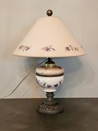 French Art Deco Brass Converted Table Oil Lamp With Floral Lampshade By Mary Gray Lewis #52