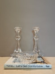 Val St Lambert France Signed Multisided Crystal Candlesticks And Bowl  #109