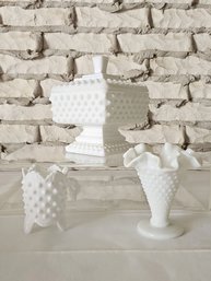 Lot Of Tree Vintage Hobnail Milk Glass Pieces #36