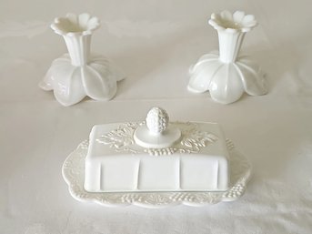 Lot Of Tree Vintage Hobnail Milk Glass Pieces #38