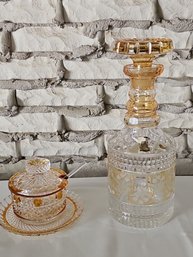 Amber Cut To Clear Crystal Decanter W/Stopper Made In W. Germany And Amber Stained Glass Sugar Bowl #49/1