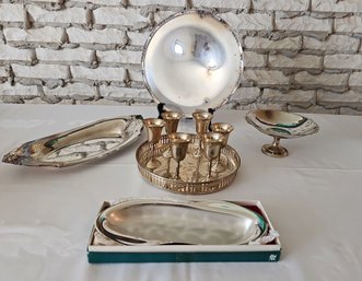 Lot Of 6 Vintage Silver Plate Cordials W/Tray And 4 Vintage Silver Plate Bowls #81
