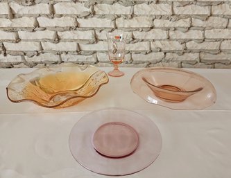 Lot Of Pink Depression Glass Bowls And Vintage Fostoria Maypole Peach Iced Tea Glass #83