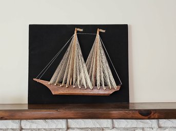 Mid Century Brown Velvet String Art Nautical Sailboat Ship  20'W X 16'H #115