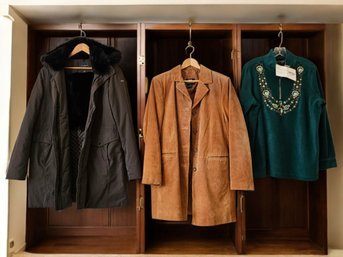 Dennis Basso Suede Jacket Tan Knee Coat, Andrew Mark Parka And Bob Mackie Wearable With Tags - Fits L#161