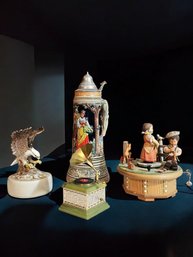 Lot Of Three Vintage Music Box Figurines And Musical Beer Stein #128