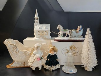 Lighted Church In White Glaze, Avon Porcelain Collectible, Italian Glass Bell, White Glaze Sleigh, Dolls  #122