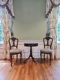 Wellington Hall Mahogany Georgian Single Drawer Table W/Brass Casters And A Pair Of French Louis XVI Chairs #7