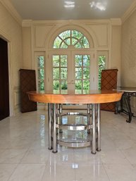 Mid Century Modern Custom Made Chrome Base And French Louis XV Style Marquetry Inlaid Dining Table W/Leaves 33
