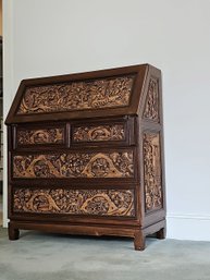 Vintage Asian Heavy Hand Carved Drop Leaf Secretary Desk 42'H X 36'W X 17'D #37