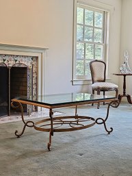 French Designed Rene Prou Style Art Deco Gilt Iron Coffee Table Ornate Rich Golden Tones. Thick Glass On Top
