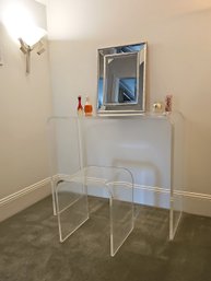 Clear Modern Acrylic Waterfall Vanity Table And Stool Set And Beveled Accent Wall Mirror #45