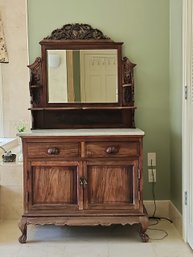 Antique Eastlake Victorian Carved Walnut Marble Top Washstand Dresser W/ Mirror33'H X 36'W X 23'D  #47