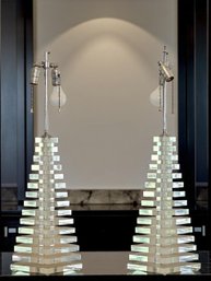 Pair Of Mid-Century Modern Stacked Lucite & Chrome Table Lamps (Tested And Works) #46