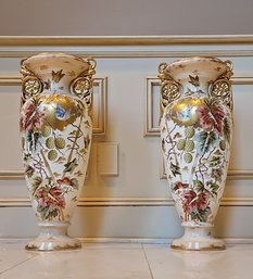 A Pair Of Antique Royal Bonn Birds And Floral Gold Urn Vase Franz Mehlem German Porcelain #74