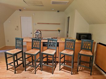 Pottery Barn Green Painted Barstools With Rush Seat Set Of 5 - Great Condition  #76