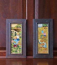 Lot Of Two Asian Thai Handmade Wood Carving Art Signed And Framed 14 X 7 #82