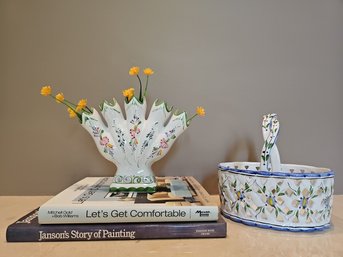 Beautiful Hand Painted Portugal Ceramic Vase And Basket  #101