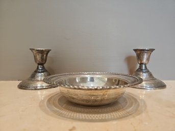Preisner Silver Company Sterling Bowl And International Sterling Silver Weighted Candle Holders  #108