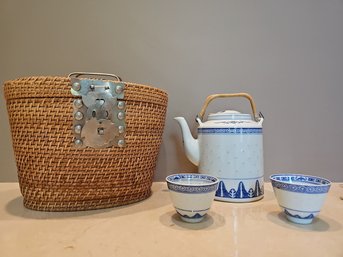 Chinese Blue & White Porcelain Tea Set In Wicker Basket #112