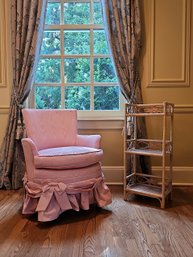 Hickory Pink Upholstered Low Seat Chair And Wicker Three Level Freestanding Shelf #119