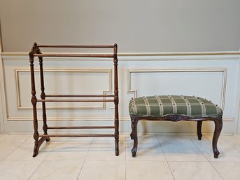 French Carved Mahogany Stool And Towel Rack  #121