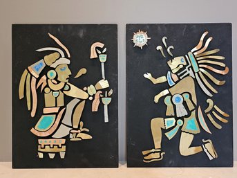 Lot Of Two Vintage Aztec Warrior Turquoise Inlay Copper Brass Wall Arts 19 X 14 #139