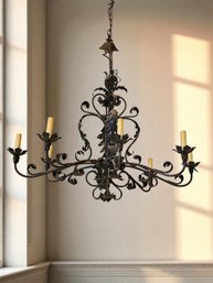 Antique Wrought Iron Eight-Light Chandelier With Scrolling Arms And Acanthus Leaf  #193