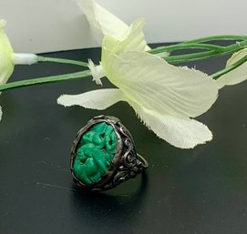 Antique Carved Jade  Silver Ring, Scrolling Design On Shank, Size 5.25