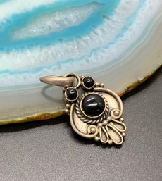 Sterling Silver Black Onyx Cabochon Ornate Pendant, Marked 925