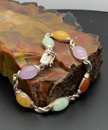 Multi-Color Jade Cabochon Jade Link Sterling Silver Station Bracelet, Marked 925