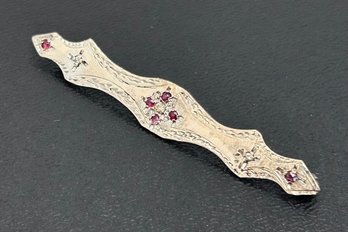 Antique Sterling Silver Bar Pin Brooch With Ruby And Diamond Accents