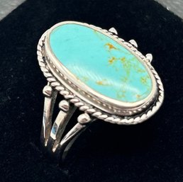 Polished Turquoise Inlay And Sterling Silver Ring, Cable Twist Border, Size 7