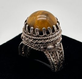 Tigers Eye And Sterling Silver Ring, Israel, 925, Size 7, Adjustable Band