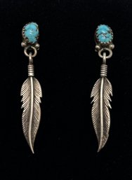 Southwestern/Native American Style Sterling Silver Turquoise Feather Dangle Earrings