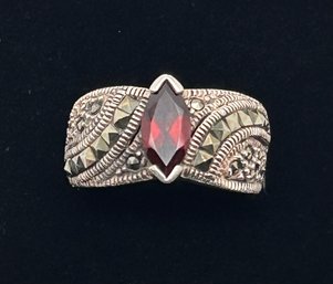 Sterling Silver Marcasite Ring With Marquise Cut Red Stone, 925,  Size 7
